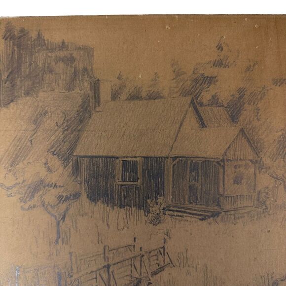 Pencil Drawing Cottage In The Woods Artist Unknown Unsigned Original Vintage - Picture 3 of 12